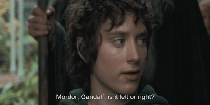 Frodo asking about directions to Mordor.