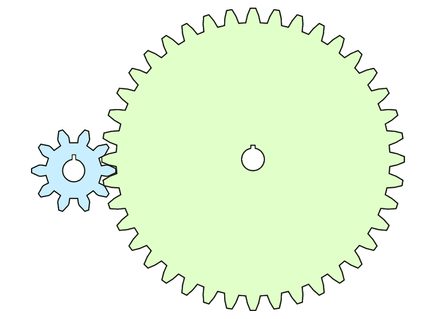 Eine einfache Zeichnung von zwei Zahnrädern mit einem 10-zähnigen Eingangszahnrad und einem 40-zähnigen Ausgangszahnrad.