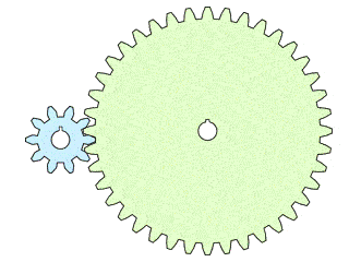 An animation of a gear train with an input gear spinning four times faster than its output gear