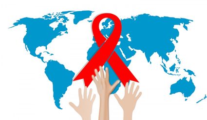 World map with red ribbon (symbol for the solidarity of people living with HIV/AIDS)