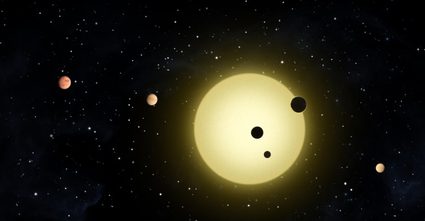 artist's impression of planets transiting in front of a star 