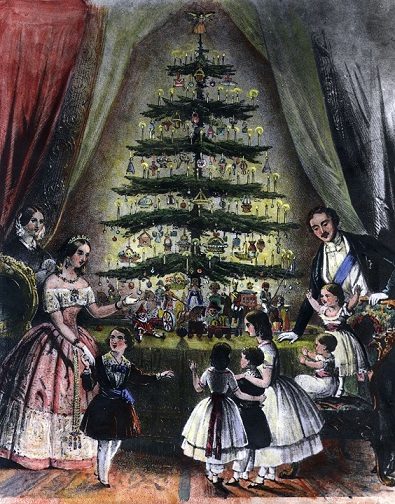Christmas tree historical painting - Queen Victoria and Prince Albert with Christmas tree in 19 century.