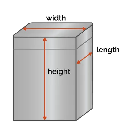 Rectangle garbage bag depicting width, length and height.