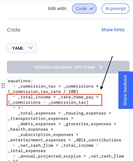 Omni Calculator Builder code with a highlighted income formula