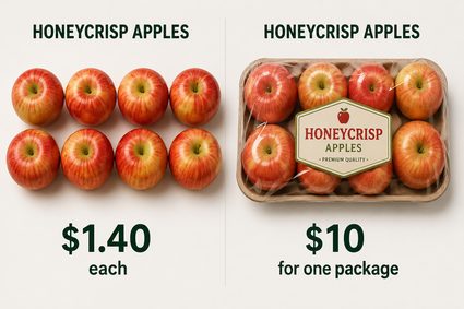 Comparison between eight apples $1.40 each vs. $10 for 8 packed apples.