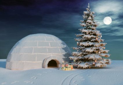 Igloo with a Christmas tree and a pile of presents.