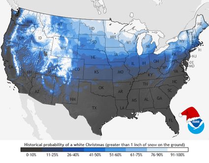 A map showing the historical probability of a White Christmas according to NOAA.
