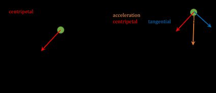 Composantes de l'accélération centripète et tangentielle dans un mouvement circulaire.