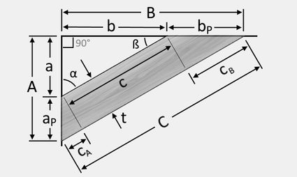 Illustration of a cross bracing showing the angle cuts and the variables for its dimensions.