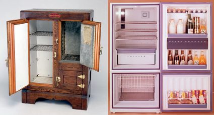 Antique and new fridges.