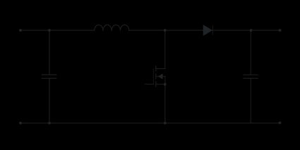 Circuit diagram for a standard boost converter, showing two capacitors, one inductor, one switch, one diode, the input voltage and the output voltage.