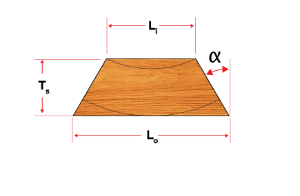 Illustration of a bowl segment showing its inner length, outer length, thickness, and cutting angle.