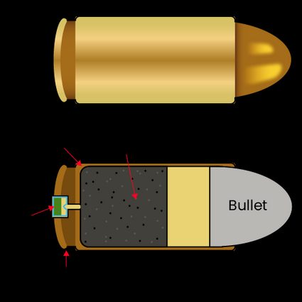 Cross section of a cartridge showing the bullet, propellant, case, rim, and primer.