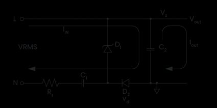 Example of a standard capacitive power supply, containing two diodes, one dropper capacitor, one smooth capacitor and one resistor.