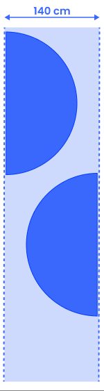 Two half-circle pattern pieces laid vertically along a 140 cm wide fabric roll, one on each side.