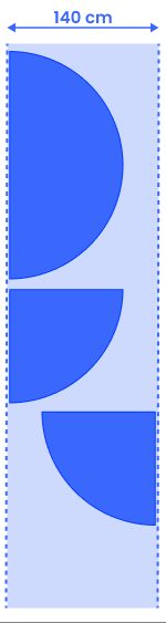 Full circle skirt cutting layout showing one half-circle and two quarter-circle pieces along a 140 cm wide fabric roll.