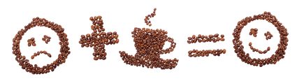 A sequence of coffee beans forming a sad face, a plus sign, a coffee cup, an equals sign, and a happy face.