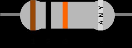 Code couleur des résistances à 4 anneaux pour une résistance de 10 kΩ : marron, noir, orange + un anneau de n'importe quelle couleur.