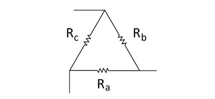 Simple diagram of resistors (represented by zigzag lines) forming a triangle or delta configuration.