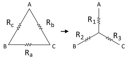 Illustration of a delta network with labels for each resistor and nodes, as well as the converted equivalent wye network with labels for each new resistor.