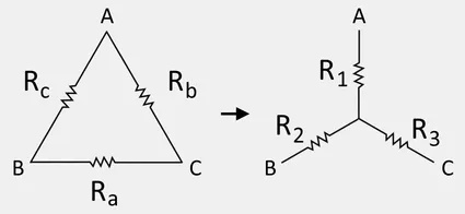 Illustration showing the diagrams of a delta network and a wye network with resistor labels.