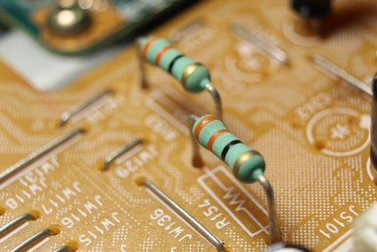 Zoomed-in image of resistors installed on a circuit board