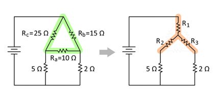 Circuit diagrams of resistors in delta configuration (highlighted in green) that will be converted to a wye configuration (highlighted in orange)