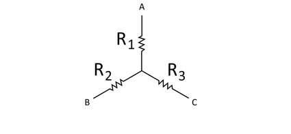 Simple diagram of a wye network of resistors.