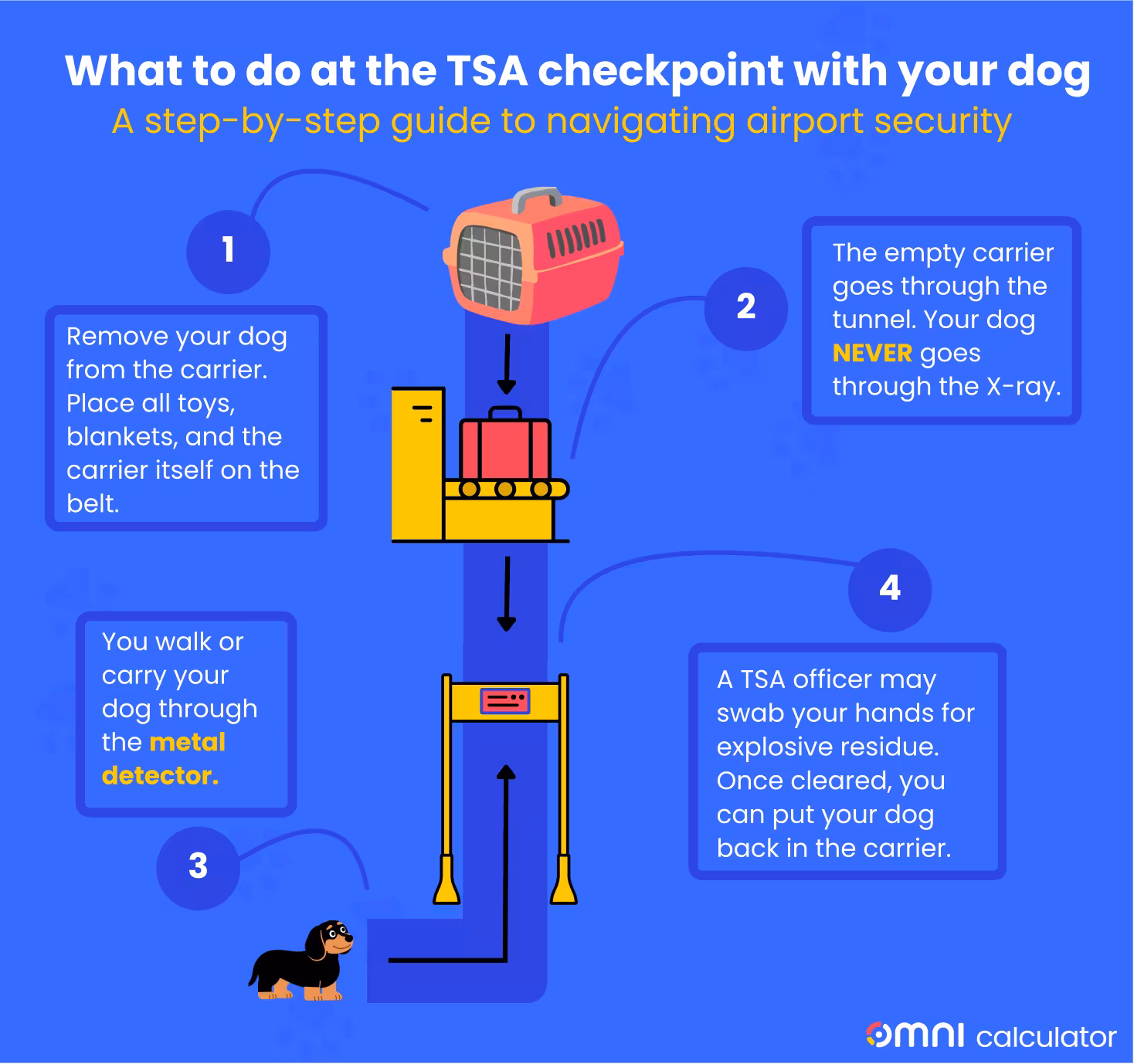 Step-by-step guide showing how to go through TSA security with a dog.