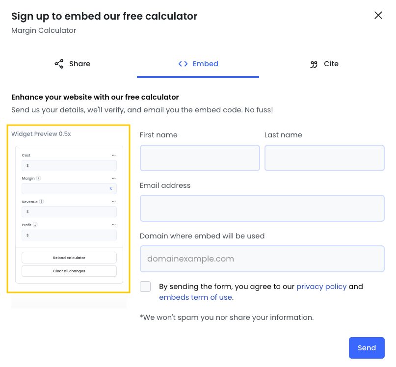 embed application form with preview of calculator embed