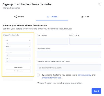 embed application form with preview of calculator embed