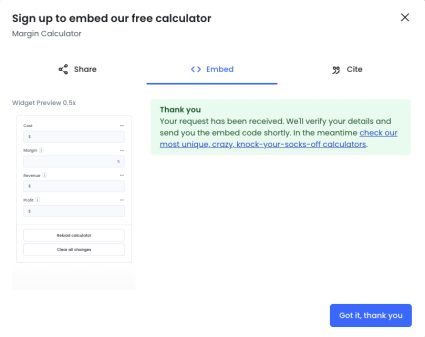thank you message for requesting to embed a calculator on your webpage
