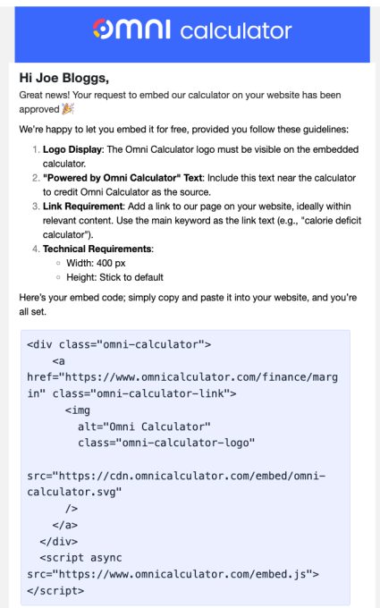approval email for embedding a calculator on a website