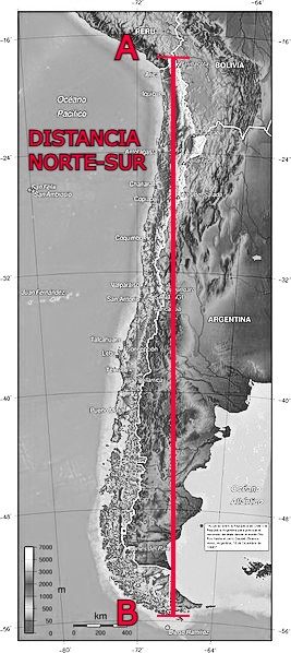 Mapa de chile mostrando la distancia norte-sur