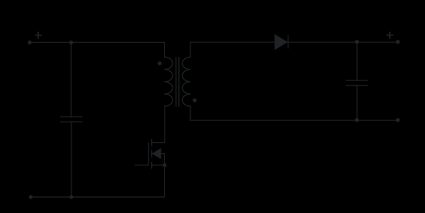 Circuit diagram for a standard flyback converter, with two capacitors, one switching transistor, one diode, and one transformer.