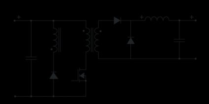 Circuit diagram for a standard forward converter, with two capacitors, one switching transistor, three diodes, one inductor, and one transformer.