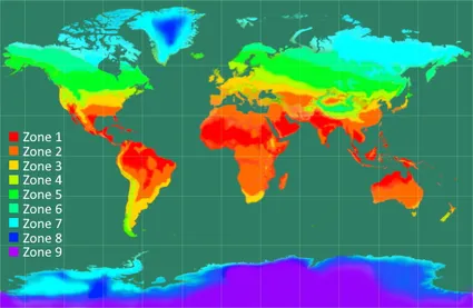 The illustration of the different climate zones in the world with color legend.