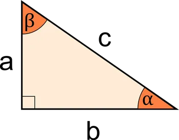 Right triangle with sides a,b,c and angles α and β.