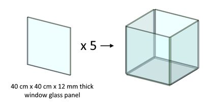 Prosta ilustracja przedstawiająca montaż akwarium w kształcie sześcianu przy użyciu 5 kwadratowych tafli szkła.