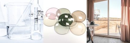 Imagen de distintos productos de vidrio, como vidriería de laboratorio, lentes, y ventanas de lámina de vidrio.