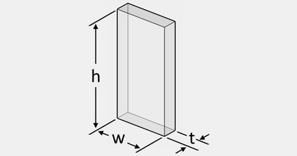 The illustration of a rectangular glass sheet that shows its length, width, and thickness.