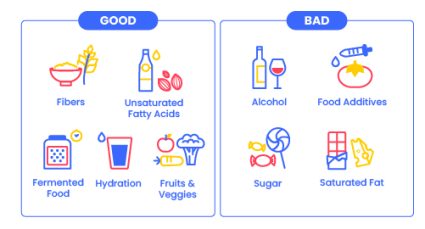 A graphic displaying foods that support and harm your gut microbiome.