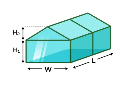 Illustration of a gable type green house with its dimensions.