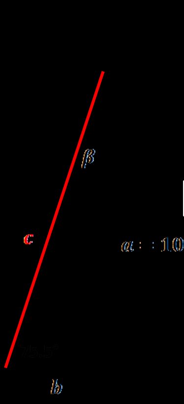 Imagen simplificada de la escalera. Triángulo rectángulo con a=10 m y ángulo α igual a 75.5°.