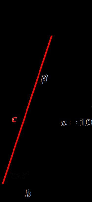 Simplified ladder image. Right triangle with a=10ft and angle α equal to 75.5°