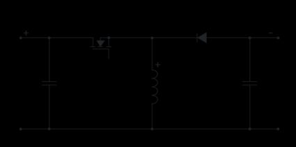 Circuit diagram for a standard inverting buck-boost converter, with two capacitors, one switching transistor, one diode, and one inductor.