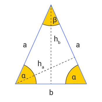 Isosceles triangle with sides, angles and heights marked.