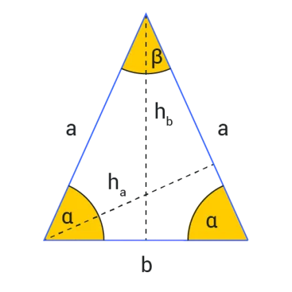 Isosceles triangle with sides, angles and heights marked.