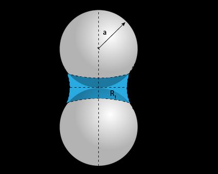 Water trapped between spherical grains in a porous material.