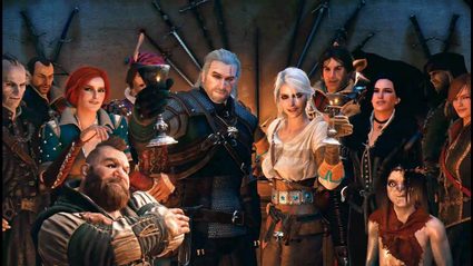 Picture showing various Witcher 3 characters celebrating together.